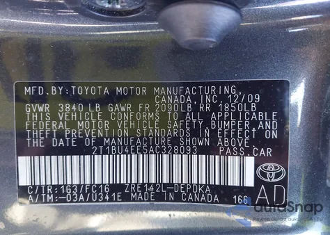 2010 Toyota Corolla Le from USA, damaged, VIN 2T1BU4EE5AC328093